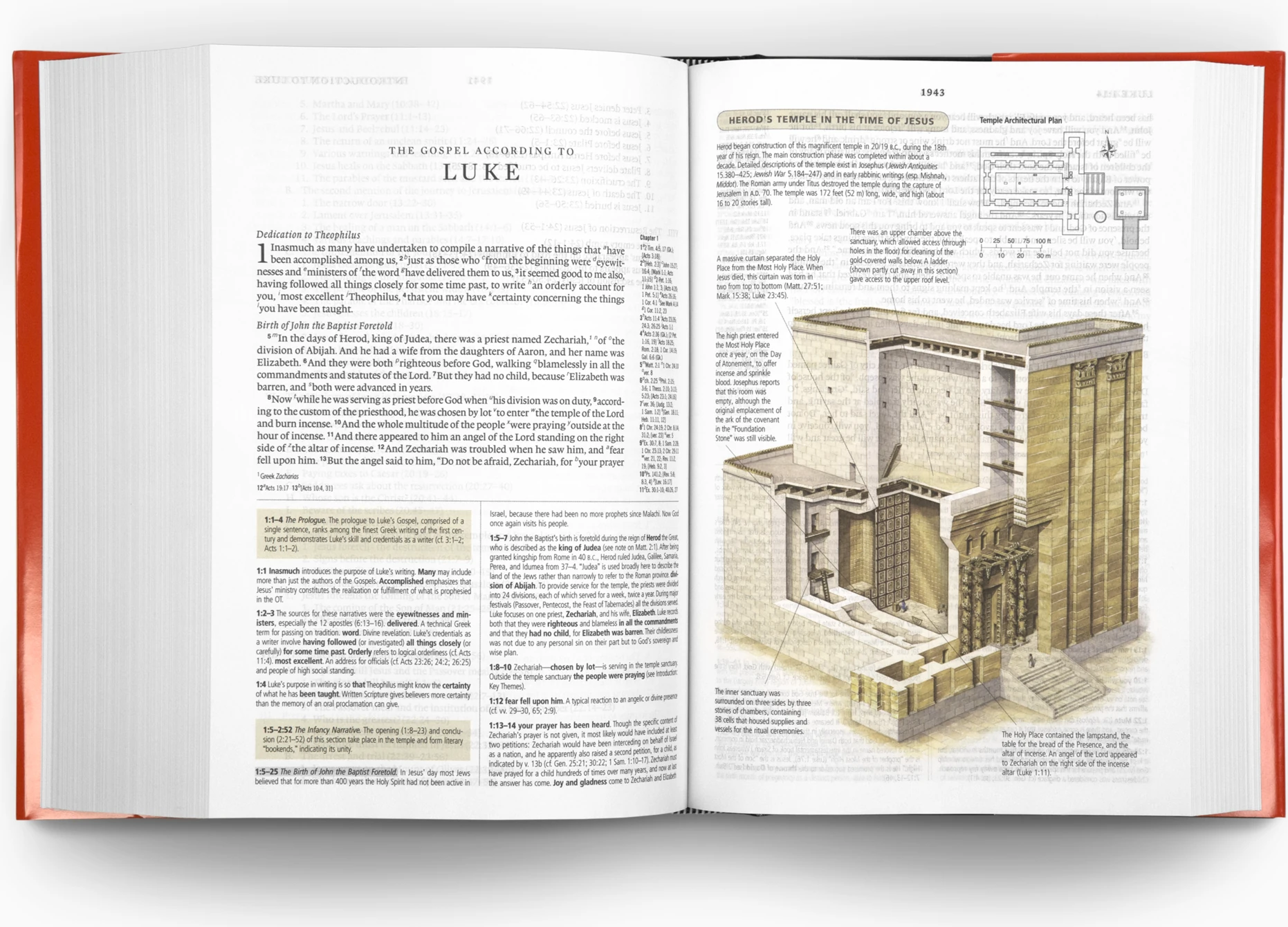 Opslag fra Lukasevangeliet med studienoter og illustration af templet